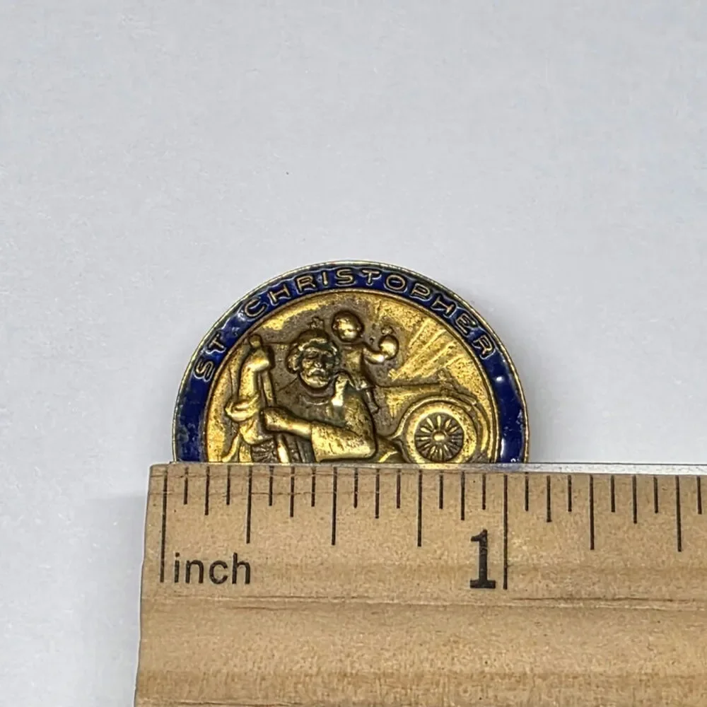 Vintage St. Christopher Protect Us Blue Enamel Gold Tone Religious Stick Pin